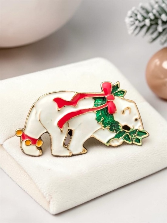 Source Unknown Jewelry - Polar Bear Cute White, Red, & Green Enamel Christmas Brooch Pin